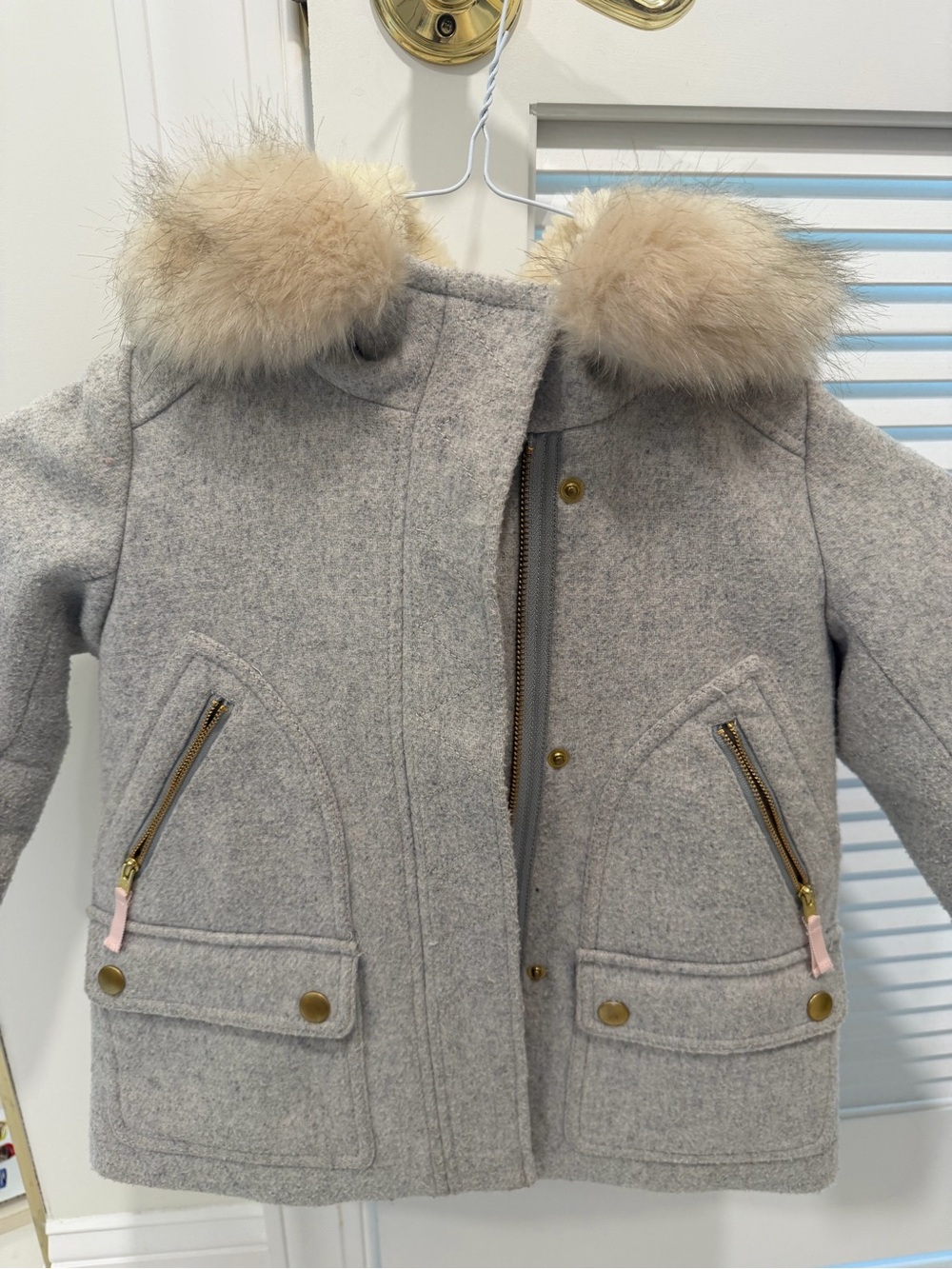 Crewcuts Girls Gray Wool-Blend Pea Coat with Faux Fur Hood Trim Size 3